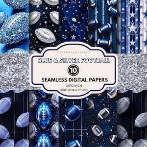 May include: A collection of ten seamless digital papers with a football theme. The designs feature blue and silver footballs, stars, and glitter textures. The papers are 12x12 inches and high quality JPGs. The text on the image says "BLUE & SILVER FOOTBALL".