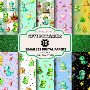 Może przedstawiać: Kolekcja dziesięciu bezszwowych papierów cyfrowych z uroczymi ilustracjami dinozaurów. Papiery prezentują różne tła z dinozaurami, tęczami i innymi zabawnymi elementami. Tekst na obrazku brzmi "CUTE DINOSAURS" i "12x12 inch High Quality JPG".