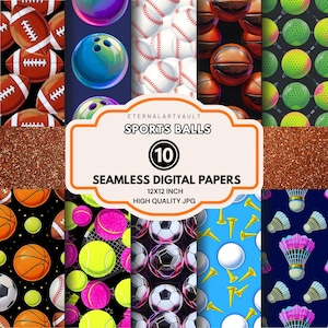 May include: A digital paper set featuring various sports balls, including footballs, bowling balls, baseballs, basketballs, tennis balls, soccer balls, golf balls, and badminton shuttlecocks. The set includes 10 seamless digital papers, each 12x12 inches, in high-quality JPG format.