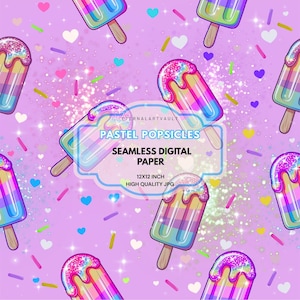 May include: Seamless digital paper featuring a repeating pattern of pastel-coloured ice lollies on a light purple background. The ice lollies have rainbow-coloured layers and glittery tops. The design includes hearts and sprinkles. The text reads "Pastel Popsicles".