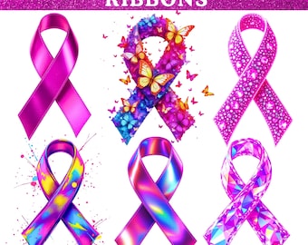 Pink Ribbon Clipart Bundle PNG | Breast Cancer Awareness Ribbons | October Cancer Support Sublimation