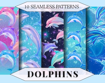 Glitter Dolphin Seamless Pattern, Ocean Animal Digital Paper, Sea Life Background, Mermaid Coastal Sublimation Paper, Tumbler Wrap Design