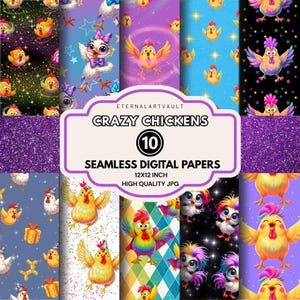 Crazy Rainbow Chicken Seamless Digital Paper | Bold Colorful Cartoon Chicken Pattern | Fun Whimsical Backgrounds