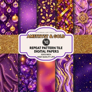 May include: A set of ten digital papers with amethyst and gold designs. The papers showcase diverse patterns, including glitter textures, floral motifs, and abstract swirls. Each paper is 30.48 x 30.48 cm and high quality JPG.