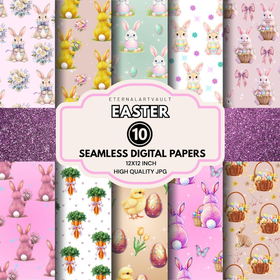 Easter Seamless Digital Paper Set | Glitter Easter Bunny, Eggs, Chicks ...