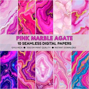 May include: A collection of ten seamless digital papers with pink marble agate designs. Each paper features a unique pattern with shades of pink, magenta, and gold. The papers are 12x12 inches and have a 300 DPI print quality.