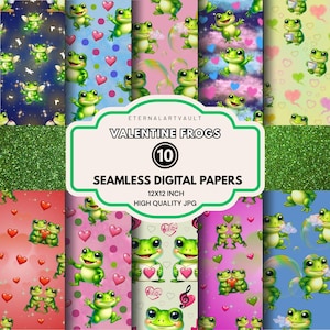 Peut inclure: Dix papiers numériques sans couture sur le thème de la Saint-Valentin avec des grenouilles. Les motifs présentent des grenouilles vertes, des cœurs et des notes de musique sur des fonds colorés. Les papiers mesurent 30,48 x 30,48 cm.