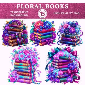 Puede incluir: Arte digital que presenta pilas de libros adornadas con arreglos florales y cintas vibrantes. La imagen incluye el texto "FLORAL BOOKS", "TRANSPARENT BACKGROUND", "15" y "HIGH QUALITY PNG". Los libros son de varios colores, con flores rosas, moradas y azules.