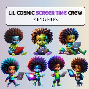May include: Digital art featuring seven cartoon characters with large, colorful afros, each holding a tablet. The characters are dressed in vibrant outfits and are set against a light background. The text "LIL COSMIC SCREEN TIME CREW" and "7 PNG FILES" is displayed at the top.