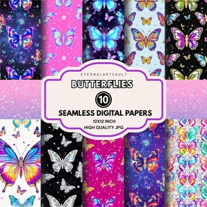 May include: A collection of ten seamless digital papers featuring colorful butterfly designs. The papers showcase various patterns with butterflies in shades of blue, purple, pink, and yellow. Each paper is 12x12 inches and high quality.