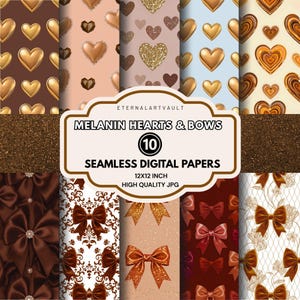 Melanin Hearts & Bows Seamless Digital Paper | Brown Coquette Pattern Background | Afrocentric Bow Prints | Luxury Brown Scrapbook Paper JPG
