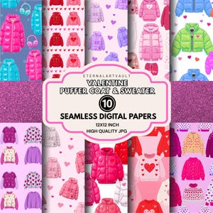 Peut inclure: Ensemble de papiers numériques sur le thème de la Saint-Valentin. Comprend des motifs de doudounes, de pulls avec des cœurs et des textures pailletées. L'ensemble comprend 10 papiers numériques sans couture, chacun de 30,48 cm x 30,48 cm.