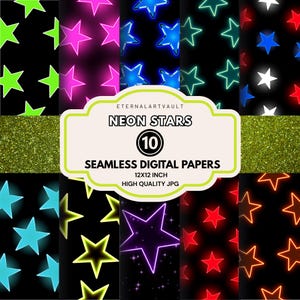 May include: A digital paper pack featuring ten seamless designs with neon star patterns in various colors, including green, pink, blue, and red, on a black background. The pack also includes a glitter design. The text reads "NEON STARS" and "SEAMLESS DIGITAL PAPERS 12x12 INCH HIGH QUALITY JPG".