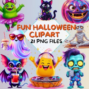 Halloween Clipart PNG Bundle | 21 Spooky Cute Characters for Stickers, Sublimation, Party Crafts, Digital Halloween Art