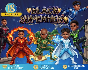May include: A digital collection of 18 PNG files featuring illustrations of Black superheroes in various costumes, including red fire-themed, green caped, and blue ice-themed outfits, with the text "18 PNG FILES" and "BLACK SUPERHERO" displayed.