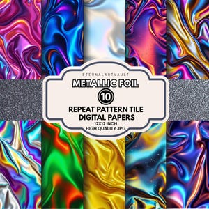 May include: A collection of ten digital papers with a metallic foil effect. The papers feature vibrant colors and swirling patterns, including pink, blue, green, and gold. The image includes the text "METALLIC FOIL" and "REPEAT PATTERN TILE DIGITAL PAPERS 12X12 INCH HIGH QUALITY JPG."