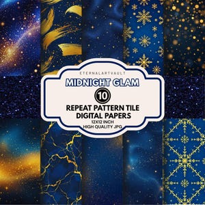May include: A collection of ten digital papers with a midnight glam theme. The papers feature dark blue backgrounds with gold accents, including brushstrokes, snowflakes, and starry patterns. The papers are 12x12 inches in size.
