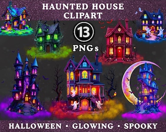 Halloween Haunted House PNG Bundle, Neon Spooky Clipart, Glow Mansion Graphics, Sublimation Designs, Sticker, T-Shirt Halloween PNG