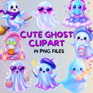 Puede incluir: Colección de imágenes prediseñadas de fantasmas lindos en varias poses y estilos. Los fantasmas están representados en tonos de azul, morado y rosa, con accesorios como gafas de sol, auriculares y sombreros. El texto dice "Cute Ghost Clipart" y "14 PNG Files".
