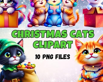 Kerstkat clipart png bundel | Sublimatieafbeeldingen feestelijke feestdagen (digitale download)