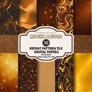 May include: A collection of ten digital papers with mocha and gold patterns. The designs include marble, glitter, and abstract swirls. The papers are 12x12 inches and high quality JPG files. The image has the text "MOCHA & GOLD" and "REPEAT PATTERN TILE DIGITAL PAPERS".