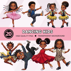 May include: A digital illustration of several children dancing. The children, with dark skin and diverse hairstyles, are dressed in colourful outfits. The image includes the text "DANCING KIDS" and "HIGH QUALITY PNG TRANSPARENT BACKGROUND".