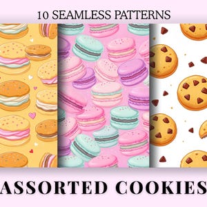 Op de afbeelding: Digitale naadloze patronen met illustraties van koekjes en macarons. De patronen bevatten afbeeldingen van sandwichkoekjes met roze vulling, kleurrijke macarons en chocolate chip cookies. Tekst bovenaan luidt "10 NAADLOZE PATRONEN" en onderaan "ASSORTIMENT KOEKJES".
