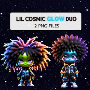 May include: Digital art featuring two stylized characters with large eyes and colorful hair. The characters wear black jackets with colorful accents. The image includes the text "LIL COSMIC GLOW DUO" and "2 PNG FILES" on a white background against a starry backdrop.