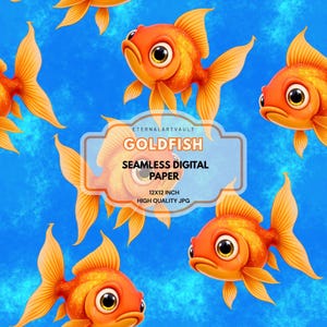 May include: Seamless digital paper featuring cartoon goldfish in shades of orange and yellow against a blue background. The image includes the text "GOLDFISH SEAMLESS DIGITAL PAPER 12x12 INCH HIGH QUALITY JPG".