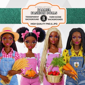 May include: Digital art featuring four farmer fashion dolls. The dolls have various hairstyles and outfits, including denim overalls, gingham, and straw hats. The image includes text that reads "Farmer Fashion Dolls" and "High Quality PNG & JPG."