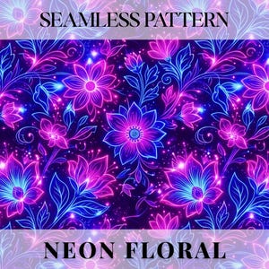 May include: Seamless pattern featuring neon floral design. The image showcases a repeating pattern of stylized flowers in vibrant shades of pink and blue, set against a dark background. The words "SEAMLESS PATTERN" and "NEON FLORAL" are displayed.