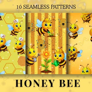 May include: A collection of ten seamless patterns featuring cartoon honey bees. The bees are yellow and black, with blue wings, and are shown in various activities, including gardening, cooking, and playing musical instruments. The words "10 SEAMLESS PATTERNS" and "HONEY BEE" are displayed.