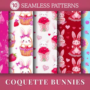 May include: Ten seamless patterns featuring adorable bunny illustrations. The designs include pink bunnies with heart-shaped gems, bunnies in baskets with strawberries, and bunnies with bouquets. The patterns are in shades of pink, red, and blue, with the text "Coquette Bunnies".