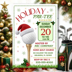 Holiday Golf Party Invitation, Christmas Golf Outing Invite, Editable Canva Template, Corporate Holiday Party, Santa Hat Golf Ball