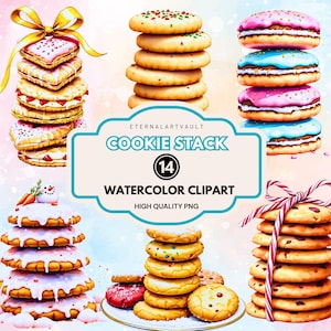 May include: A collection of watercolour cookie stacks with diverse decorations. Some cookies are heart-shaped, others have sprinkles, and some are iced. The image includes text that reads "COOKIE STACK" and "WATERCOLOR CLIPART".