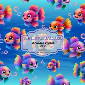 May include: Seamless digital paper featuring colorful betta fish with vibrant rainbow fins and smiling faces. The design includes bubbles on a blue background. The text on the image reads "Colorful Betta Fish" and "12x12 inch High Quality JPG".