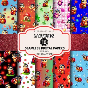 May include: A collection of ten seamless digital papers featuring cartoon ladybugs on various backgrounds. The backgrounds include red glitter, pink hearts, and blue skies. The text on the image reads "LADYBUGS 10 SEAMLESS DIGITAL PAPERS 12x12 INCH HIGH QUALITY JPG".