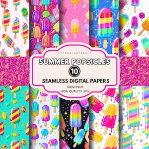May include: A collection of ten seamless digital papers featuring colorful popsicle designs. The papers are 12x12 inches and high quality. The designs include various popsicle styles with bright colors and patterns, perfect for summer-themed projects.