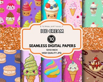 Kawaii ijs digitaal naadloos papier | Heldere ijspatroonachtergrond | Dessertplakboekpapier | Afdrukbare pastelkleurige snoepjes (10 jpg's)