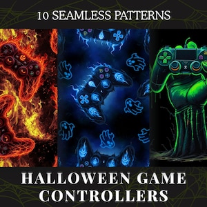 Könnte beinhalten: Das Bild zeigt drei Halloween-Muster. Die Muster zeigen Gamecontroller mit feurigen, elektrisch blauen und neongrünen Designs. Der Text oben lautet "10 NAHTLOSE MUSTER" und der Text unten lautet "HALLOWEEN-SPIELCONTROLLER."