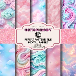 Puede incluir: Una colección de diez papeles digitales con temática de algodón de azúcar. Los papeles presentan colores pastel, incluyendo rosa, azul y morado, con patrones de nubes y remolinos. Los papeles miden 30,48 x 30,48 cm y son JPG de alta calidad. El texto en la imagen dice "COTTON CANDY" y "REPEAT PATTERN TILE DIGITAL PAPERS".
