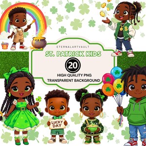 May include: A digital graphic featuring cartoon children celebrating St. Patrick's Day. The image includes a rainbow, pot of gold, shamrocks, and children holding balloons and signs. The text reads "St. Patrick Kids" and "Lucky Day".