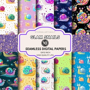 May include: A collection of ten seamless digital papers featuring colorful, cartoon snails. The papers showcase various backgrounds, including starry nights, hearts, and glitter textures. The image includes the text "GLAM SNAILS" and "12x12 inch".