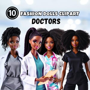 Black Doctor Dolls Clipart: Afro Fashion PNGs in Scrubs (Digital Download)
