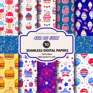 May include: A set of ten seamless digital papers with a 4th of July theme. Designs feature popsicles, cupcakes, cakes, soda cans, ice cream cones, hamburgers, gift boxes, fireworks, stars, and balloons. Each paper measures 30.48 x 30.48 cm.
