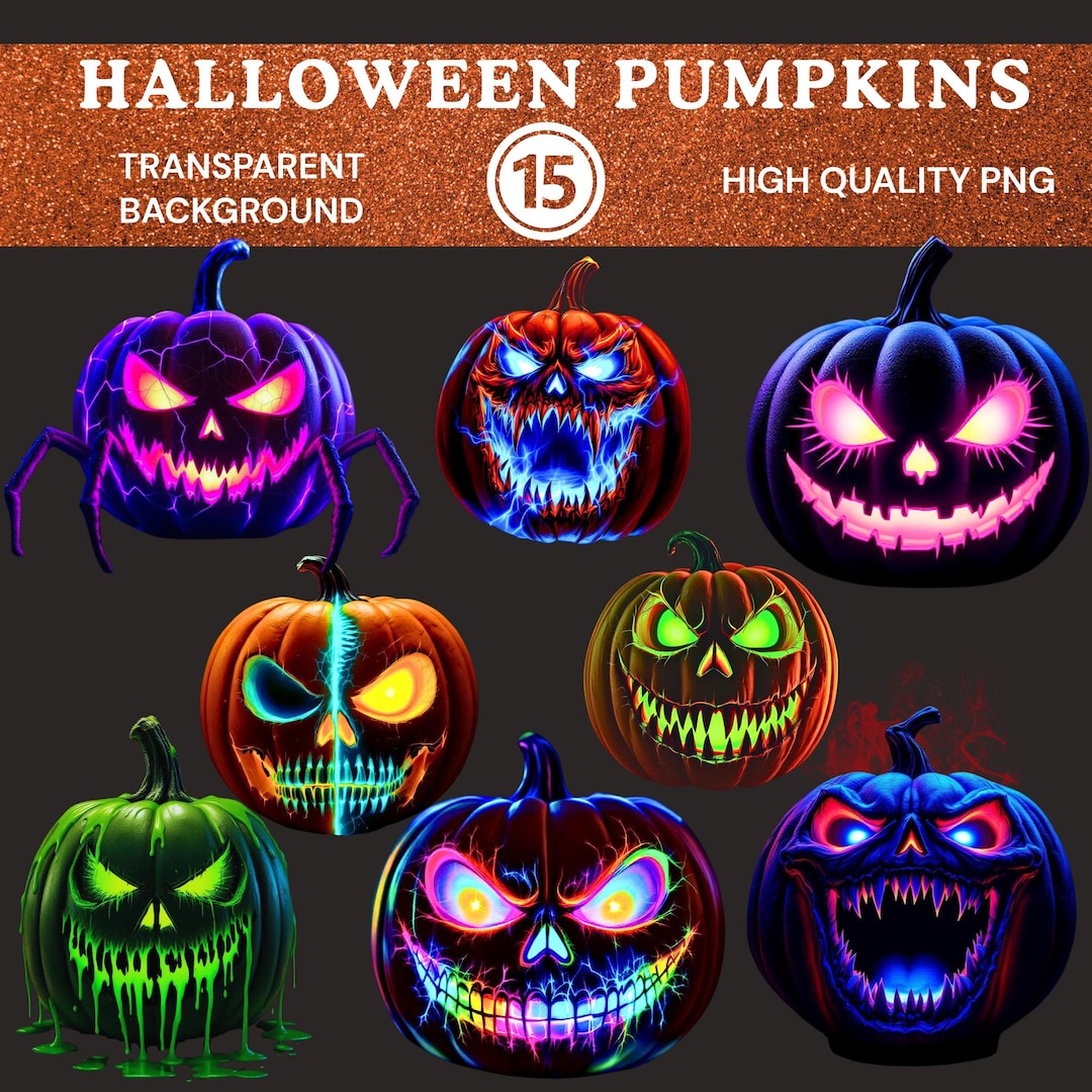Halloween Pumpkin PNG Bundle, Neon Jack O Lantern Clipart, Spooky Glow ...