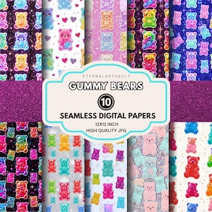 May include: Ten seamless digital papers with gummy bear designs in various colours. The patterns include gummy bears on glitter and star backgrounds. The text "Gummy Bears" is displayed. Each paper measures 30.48 x 30.48 cm.