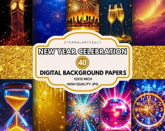 Luxury New Year’s Eve Digital Paper Pack | 40 Celebration Backgrounds | Glitter Lights, Clocks, Champagne, Confetti | Digital Download