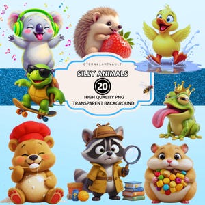 May include: A set of 20 "Silly Animals" PNG images with transparent backgrounds. The illustrations feature a koala with headphones, a hedgehog with a strawberry, a duck splashing, a turtle on a skateboard, a bear with a chef's hat, a raccoon detective, and a hamster.
