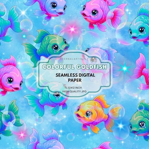 May include: Seamless digital paper featuring colorful goldfish in shades of pink, blue, green, and yellow. The design includes bubbles and text that reads "COLORFUL GOLDFISH" and "12x12 inch High Quality JPG".